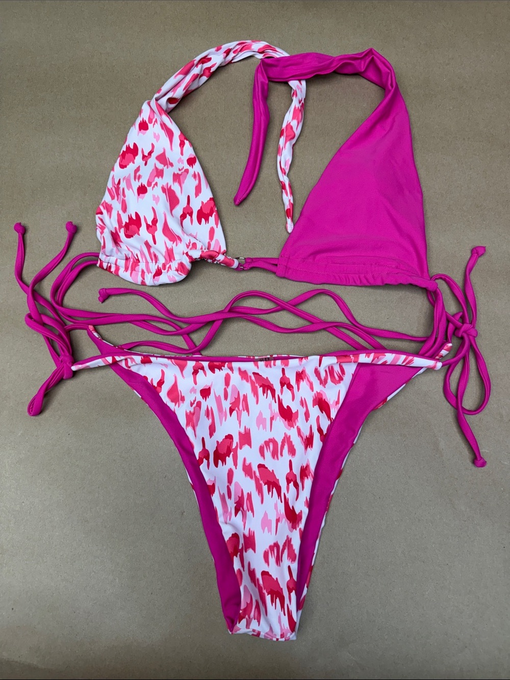 SHEIN Pink & White Printed Tie-Side Bikini Set